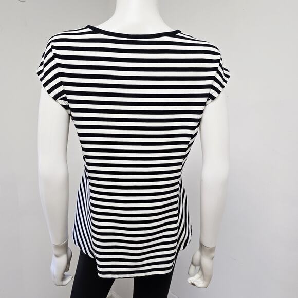 CAbi Knit Top Size M Illusion Black White Stripe Short Sleeve French Terry #6337 - Picture 3 of 8
